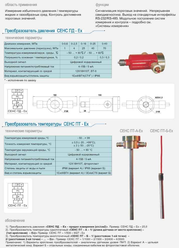 Преобразователи давления / температуры СЕНС ПД-Ex, СЕНС ПТ-Ex