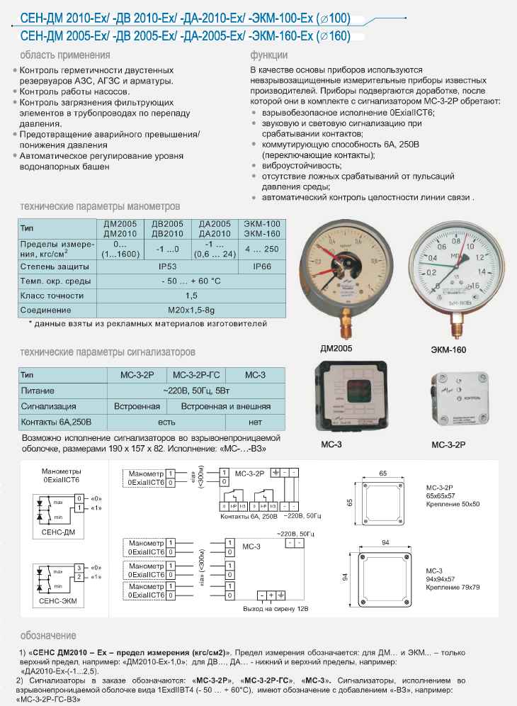 Манометры контактные СЕНС-ДМ 2010-Ex, СЕНС-ДМ 2005-Ex