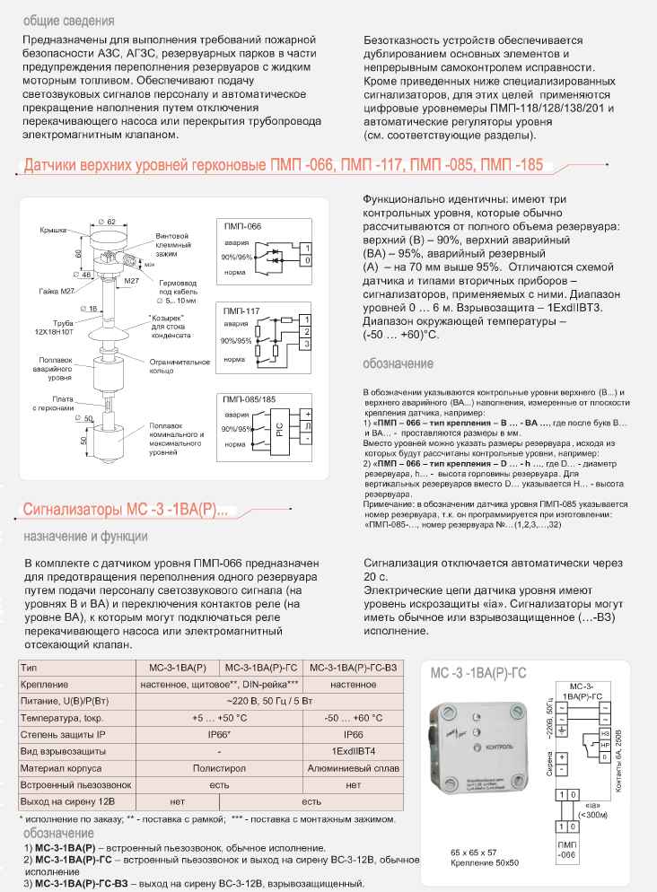 Датчики верхних уровней герконовые ПМП-066, ПМП-117, ПМП-085, ПМП-185. Сигнализаторы МС-3-1ВА(Р)